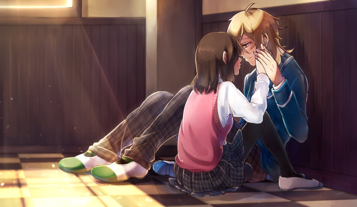 1boy, 1girl, anzu_(ensemble_stars!), blazer, blonde_hair, brown_hair, ensemble_stars!, hakaze_kaoru