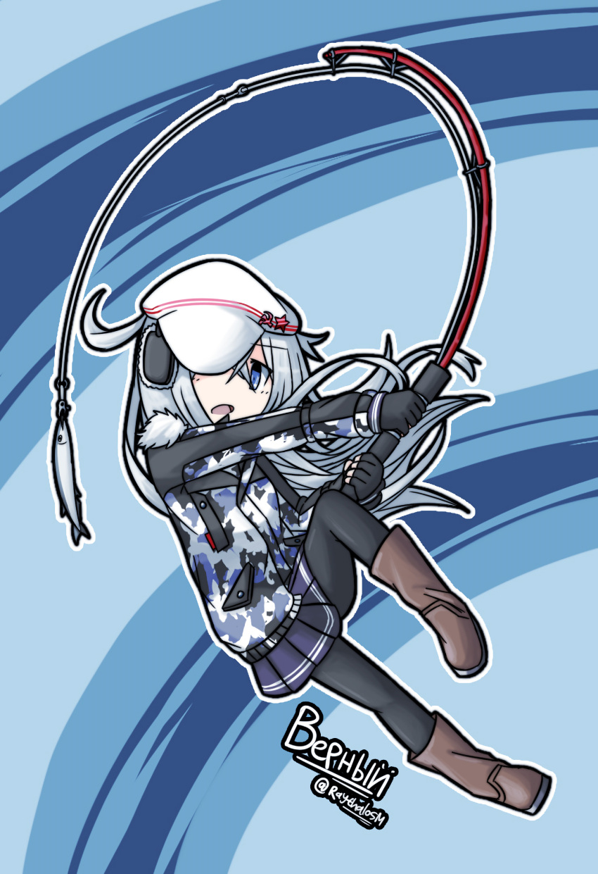 10s, 1girl, black_legwear, blue_eyes, boots, brown_footwear, camouflage, camouflage_jacket