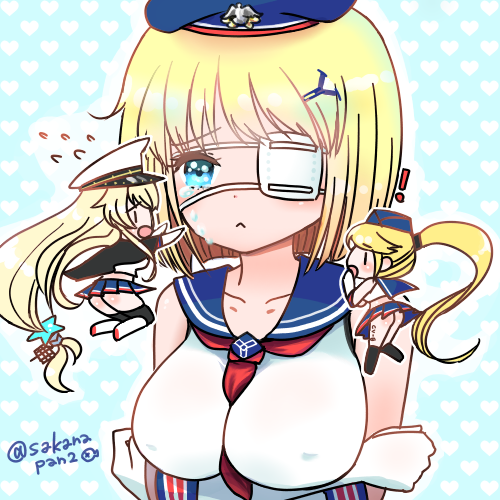 !, 3girls, beret, black_legwear, blonde_hair, blue_eyes, chibi_inset, commentary_request