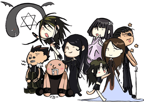 3girls, 5boys, black_dress, black_hair, blunt_bangs, bob_cut, brown_hair, chibi