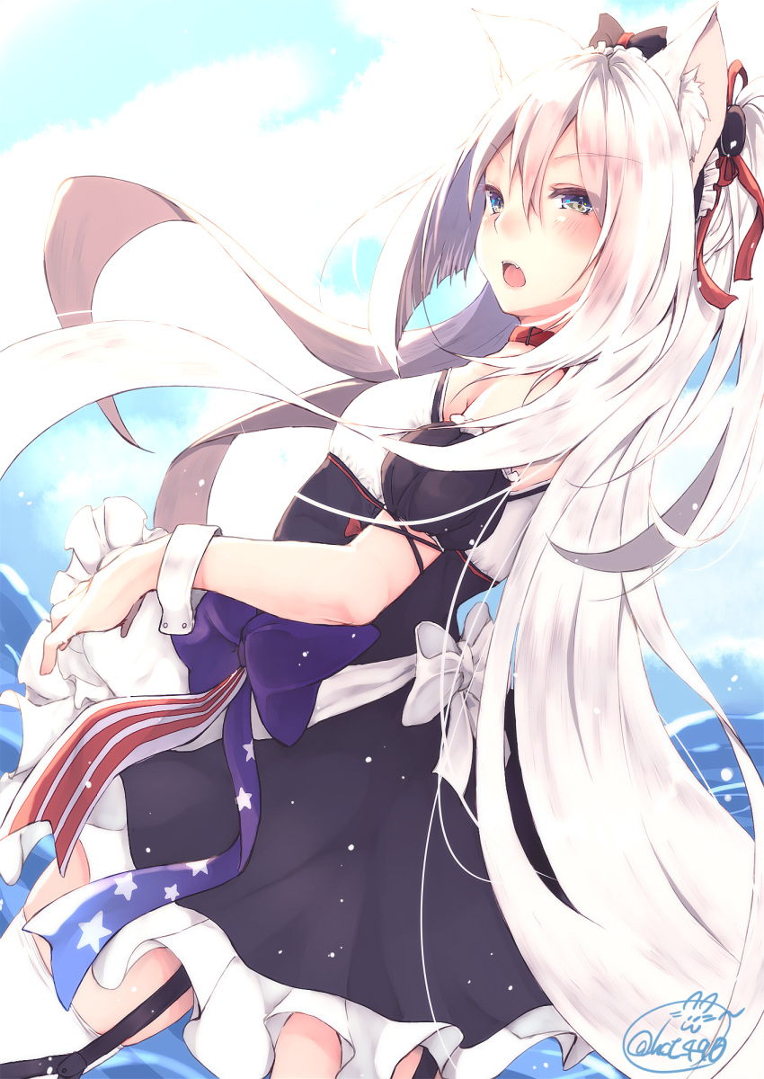 1girl, animal_ears, apron, azur_lane, bangs, blue_sky, blush, bow