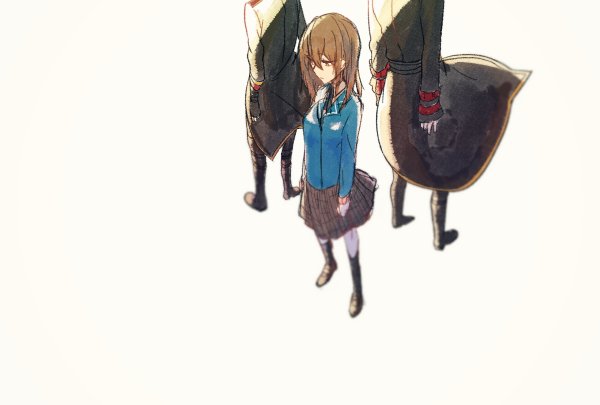 1girl, 2boys, anzu_(ensemble_stars!), blazer, boots, brown_hair, ensemble_stars!, frilled_jacket