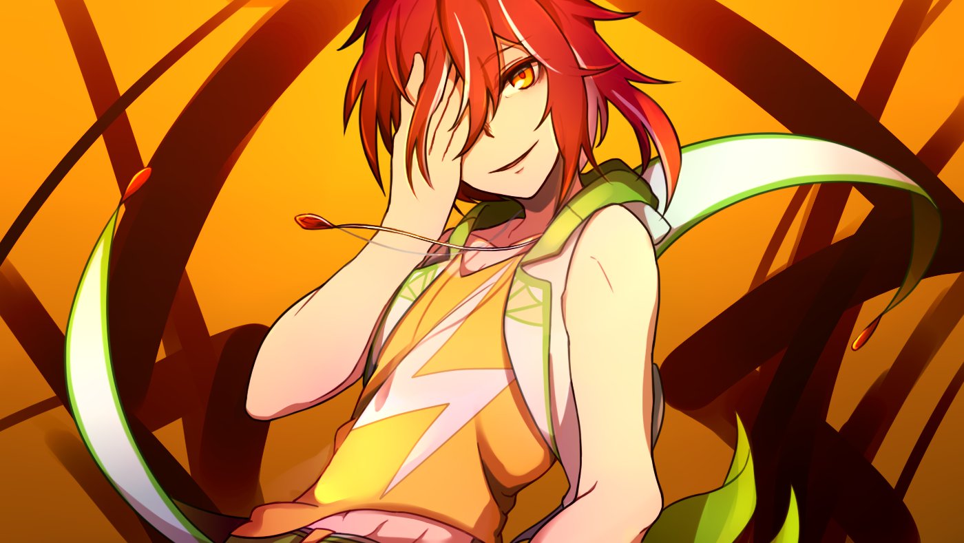1boy, ensemble_stars!, hand_on_own_face, hood, hoodie, jewelry, multicolored_hair, necklace, redhead, sakasaki_natsume, short_hair, sleeveless, sleeveless_hoodie, smile, solo, streaked_hair, switch_(ensemble_stars!), yellow_eyes