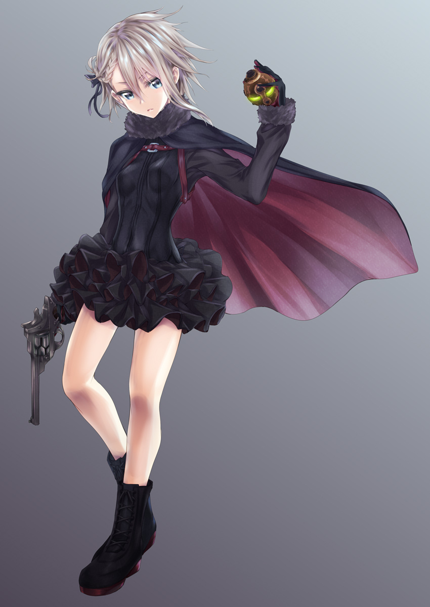 1girl, ange_(princess_principal), arm_up, asymmetrical_hair, bangs, black_dress, black_skirt, blue_eyes