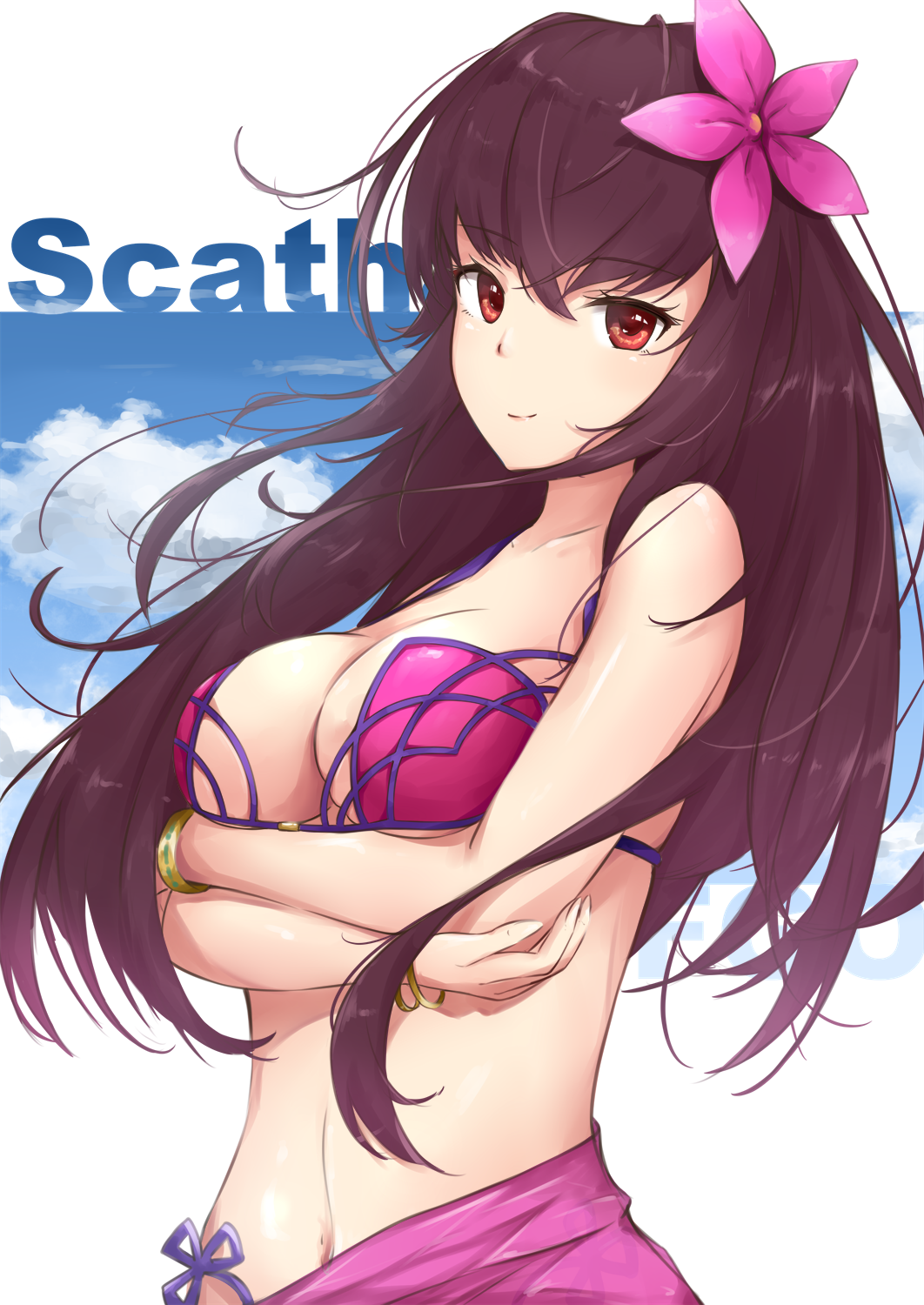 1girl, bangle, bangs, bare_arms, bare_shoulders, bikini_top, blue_sky, bracelet