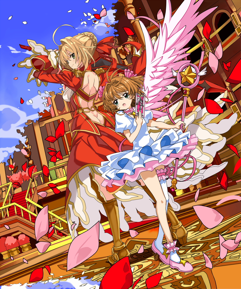 2girls, aestus_domus_aurea, aestus_estus, armor, armored_boots, back-to-back, bangs, blonde_hair