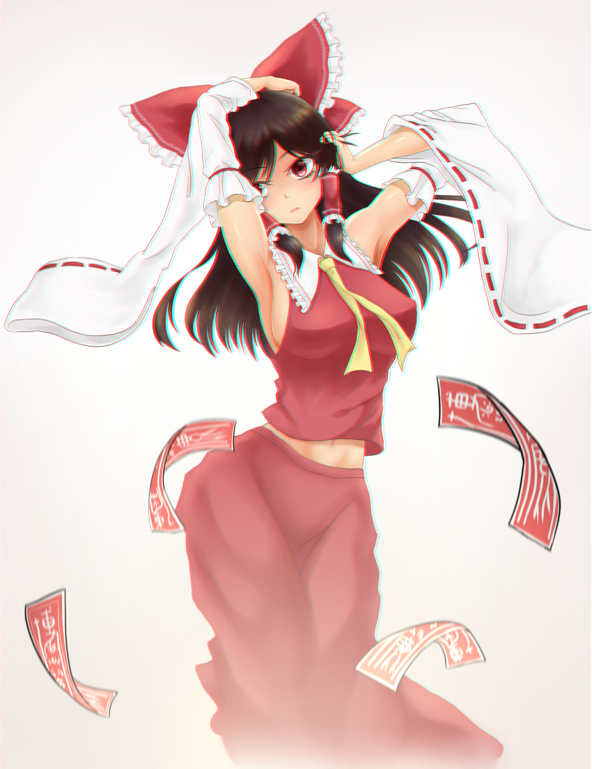 1girl, armpits, arms_up, black_hair, bow, breasts, chromatic_aberration, cowboy_shot