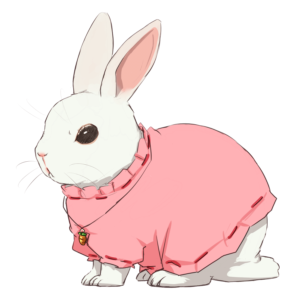 :<, animal, black_eyes, carrot_necklace, closed_mouth, clothed_animal, dress, full_body, inaba_tewi, inaba_tewi_(bunny), ito_(itokayu), jewelry, no_humans, pendant, pink_dress, rabbit, ribbon-trimmed_dress, simple_background, touhou, whiskers, white_background, white_fur