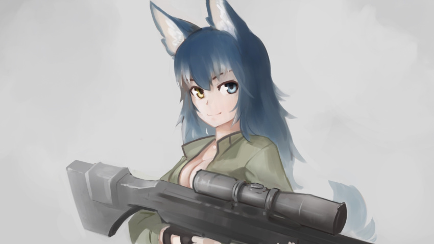 1girl, animal_ears, bangs, blue_eyes, blue_hair, breasts, cleavage, closed_mouth