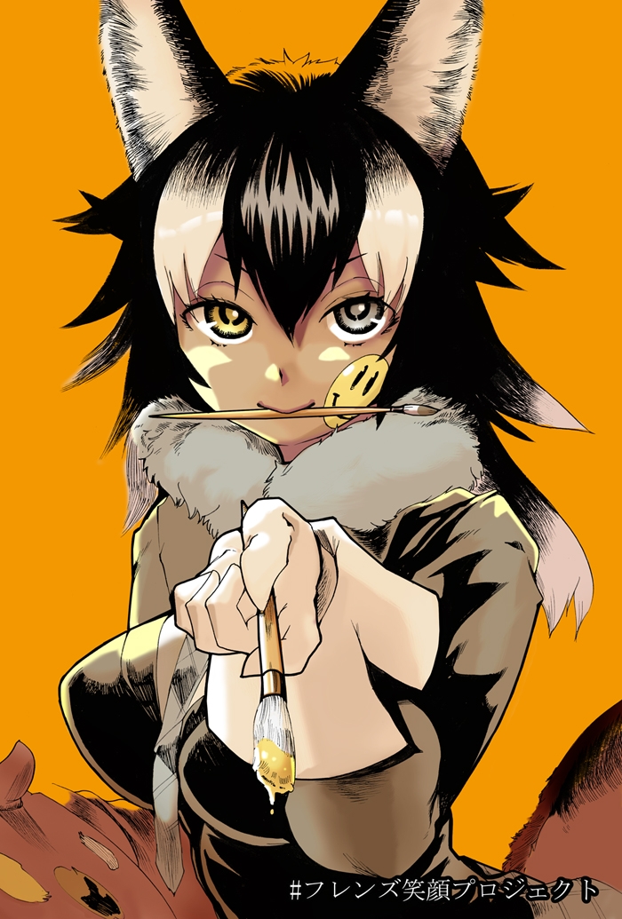 1girl, animal_ears, bangs, between_breasts, black_hair, black_shirt, blue_eyes, breasts