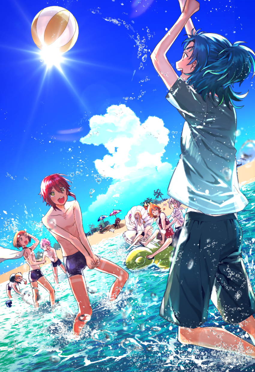 6+boys, :d, ;d, akita_toushirou, ball, beach, beach_umbrella, beachball