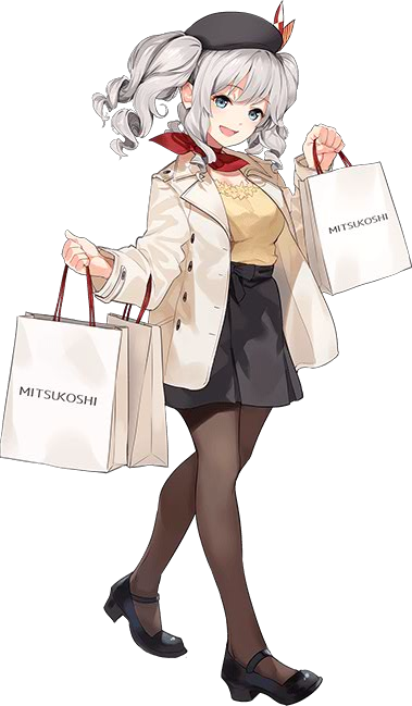 10s, alternate_costume, beret, black_hat, black_legwear, black_miniskirt, blue_eyes, breasts, hat, jacket, kantai_collection, kashima_(kantai_collection), large_breasts, long_sleeves, miniskirt, mitsukoshi_(department_store), neckerchief, official_art, paseri, red_neckerchief, silver_hair, skirt, tsurime, twintails, wavy_hair, white_jacket