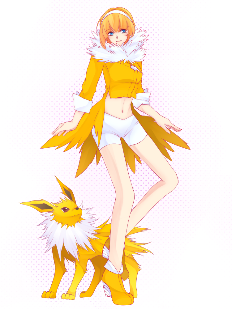 1girl, alternate_costume, blonde_hair, blue_eyes, drawfag, hairband, jolteon, kamitsure_(pokemon)