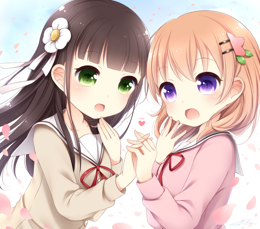 2girls, :d, bangs, blouse, blush, breasts, brown_blouse, brown_hair