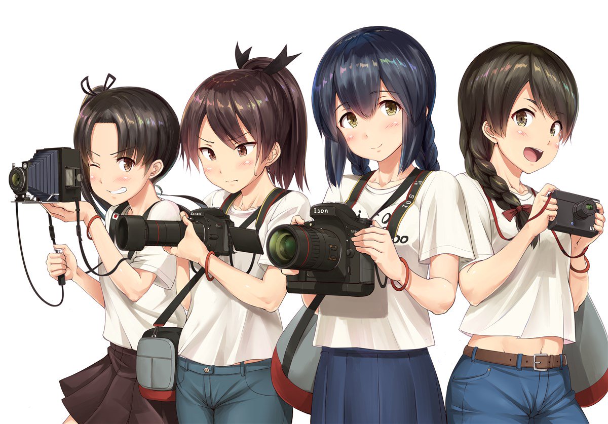 10s, 4girls, :d, ayanami_(kantai_collection), bag, black_hair, bracelet, braid