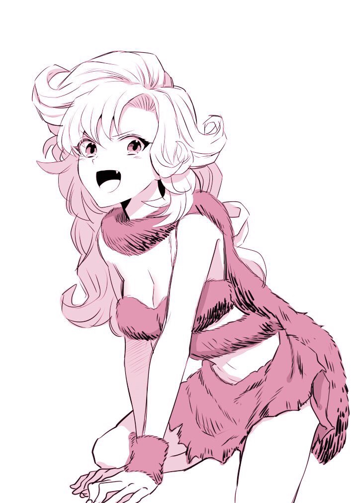 >:d, 1girl, :d, ayla_(chrono_trigger), bangs, bare_shoulders, bent_over, blush