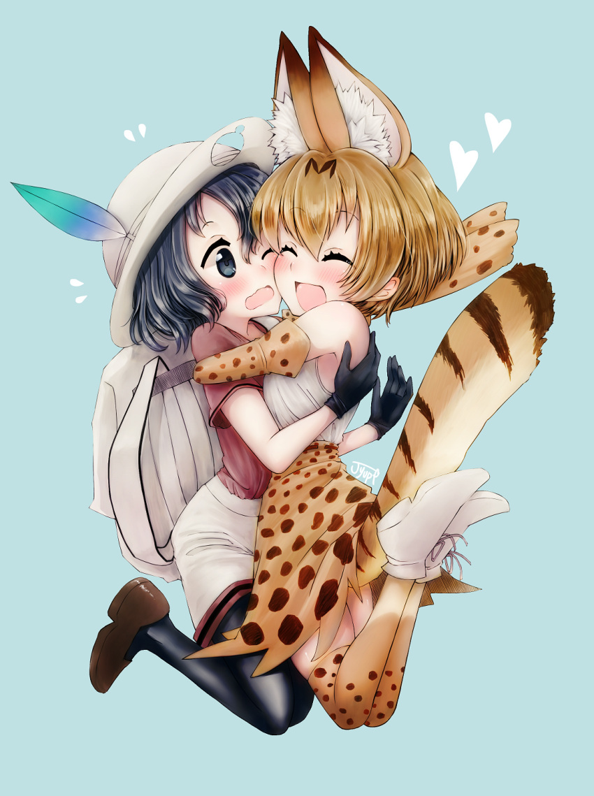 2girls, :d, ^_^, animal_ears, aqua_background, bangs, bare_shoulders, black_eyes
