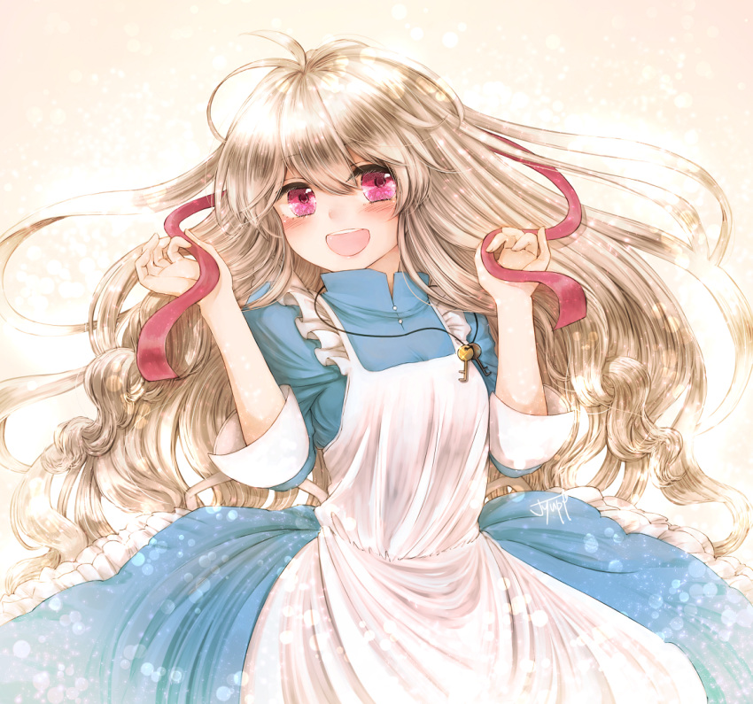 1girl, :d, antenna_hair, apron, bangs, blonde_hair, blue_dress, blush