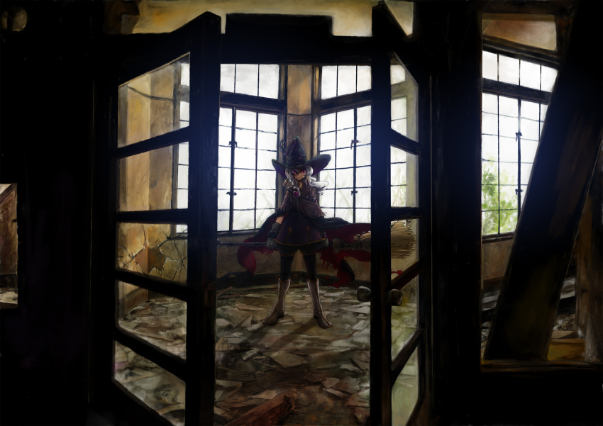 broom, cloak, door, earrings, gloves, grind, hat, highres