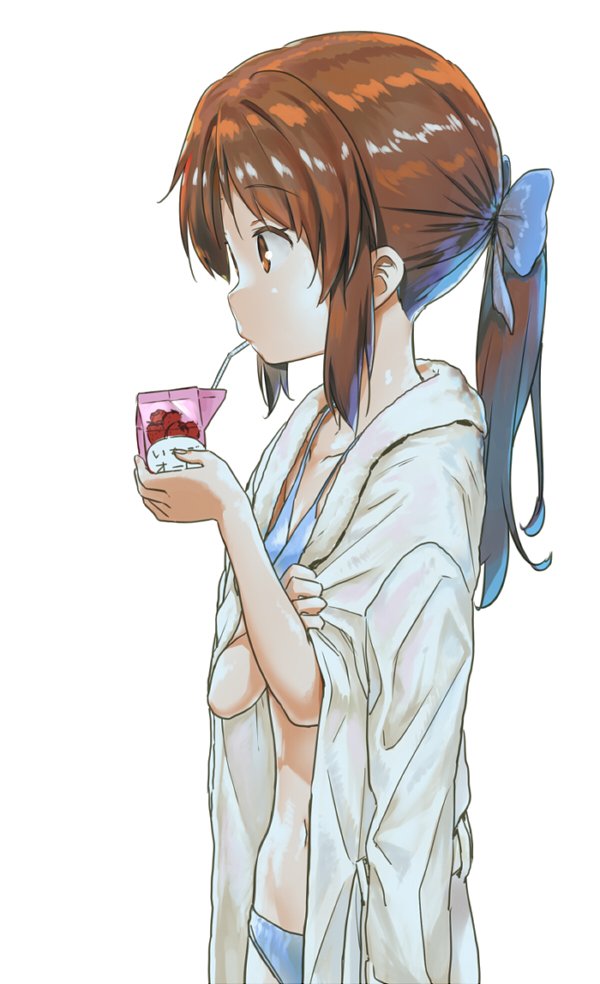 1girl, bathrobe, bikini, blue_bikini, bow, brown_eyes, brown_hair, eyebrows_visible_through_hair