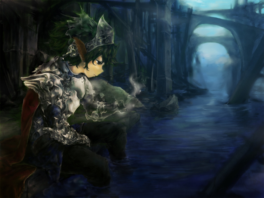bad_id, black_hair, bridge, brown_eyes, highres, pillar, sitting, transparent
