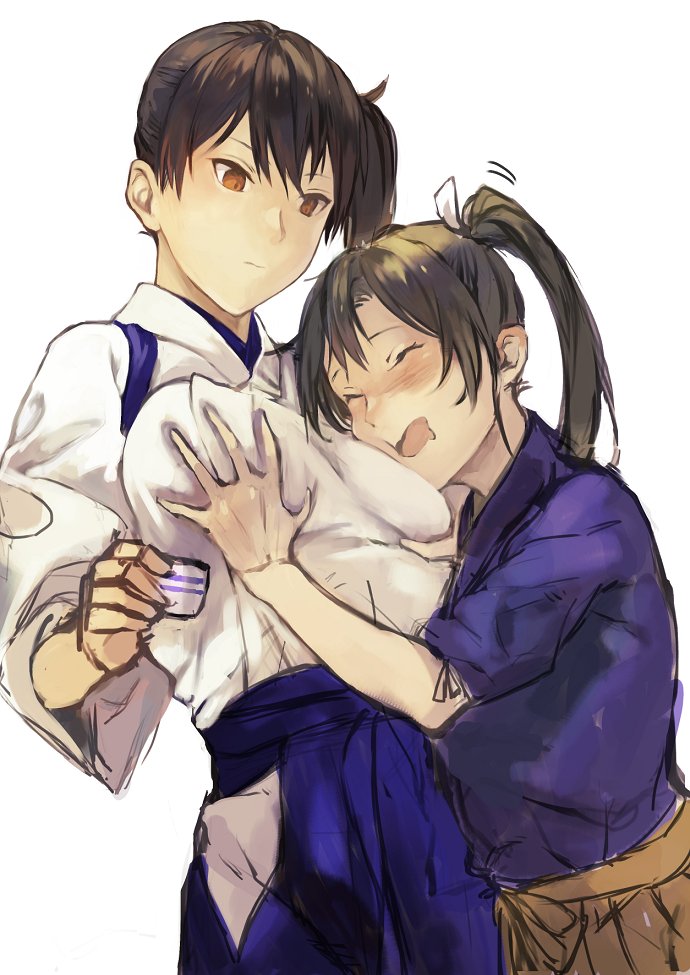 10s, 2girls, black_hair, blue_clothes, blue_hakama, blue_kimono, blush, breast_grab