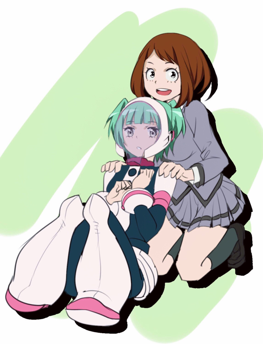2girls, ansatsu_kyoushitsu, bodysuit, boku_no_hero_academia, boots, breasts, brown_hair, company_connection
