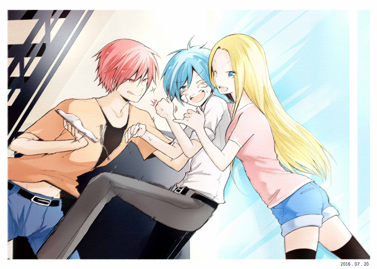 1girl, 2boys, akabane_karma, ansatsu_kyoushitsu, belt, black_legwear, blonde_hair, blue_eyes