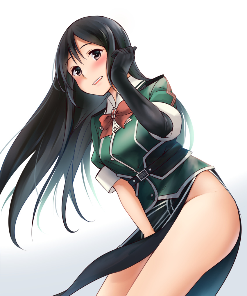 10s, 1girl, :d, black_gloves, black_hair, brown_eyes, chikuma_(kantai_collection), elbow_gloves