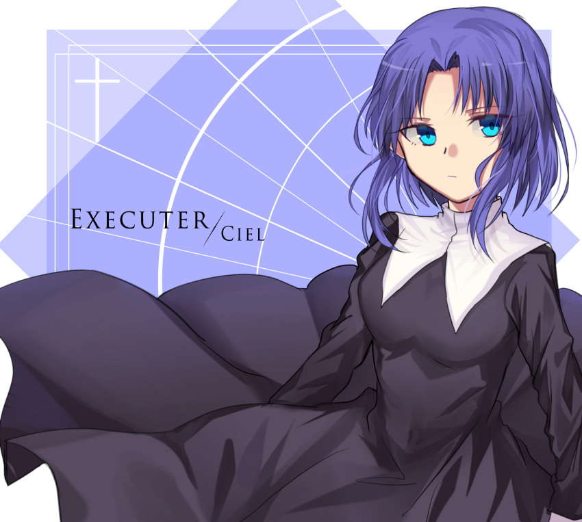 1girl, blue_eyes, blue_hair, cassock, character_name, ciel, cross, frith_(ya)