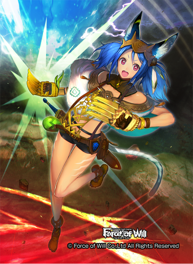 1girl, animal_ears, aym, blue_hair, boots, cat_tail, claws, copyright_name