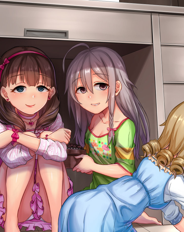 3girls, ahoge, all_fours, barefoot, blonde_hair, blue_dress, blue_eyes, brown_hair
