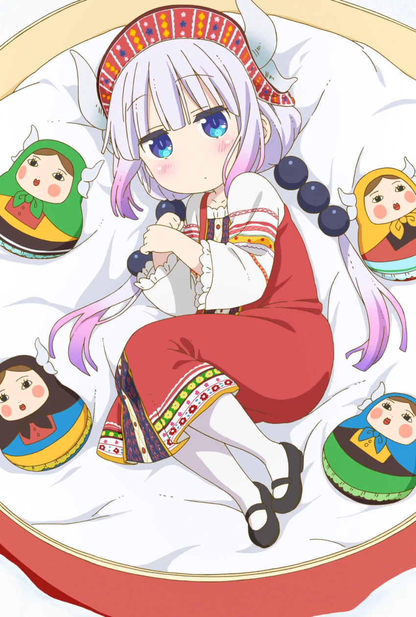 1girl, absurdres, alternate_costume, bangs, beads, blue_eyes, blunt_bangs, child, doll, dragon_girl, dragon_horns, eyebrows_visible_through_hair, gradient_hair, hair_beads, hair_ornament, hairband, highres, horns, kanna_kamui, kobayashi-san_chi_no_maidragon, lavender_hair, long_hair, low_twintails, matryoshka_doll, multicolored_hair, pink_hair, russian_clothes, sarafan, screencap, stitched, twintails