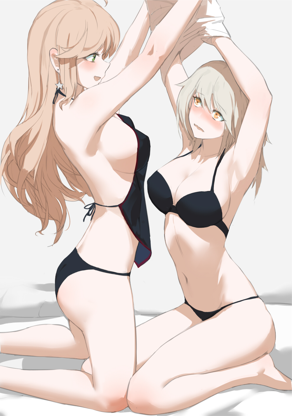 2girls, :d, armpits, arms_up, ass, assisted_exposure, bare_arms, bare_legs, bare_shoulders, barefoot, black_bra, black_panties, black_ribbon, blonde_hair, blush, bra, breasts, character_request, cleavage, commentary, earrings, embarrassed, green_eyes, grey_background, highres, jewelry, jiaoshouwen, kneeling, large_breasts, light_brown_hair, long_hair, looking_up, medium_breasts, missouri_(zhan_jian_shao_nyu), multiple_girls, navel, nose_blush, open_mouth, orange_eyes, panties, ribbon, see-through, sideboob, simple_background, sitting, smile, star, star_earrings, stomach, underwear, underwear_only, wariza, wavy_mouth, yuri, zhan_jian_shao_nyu