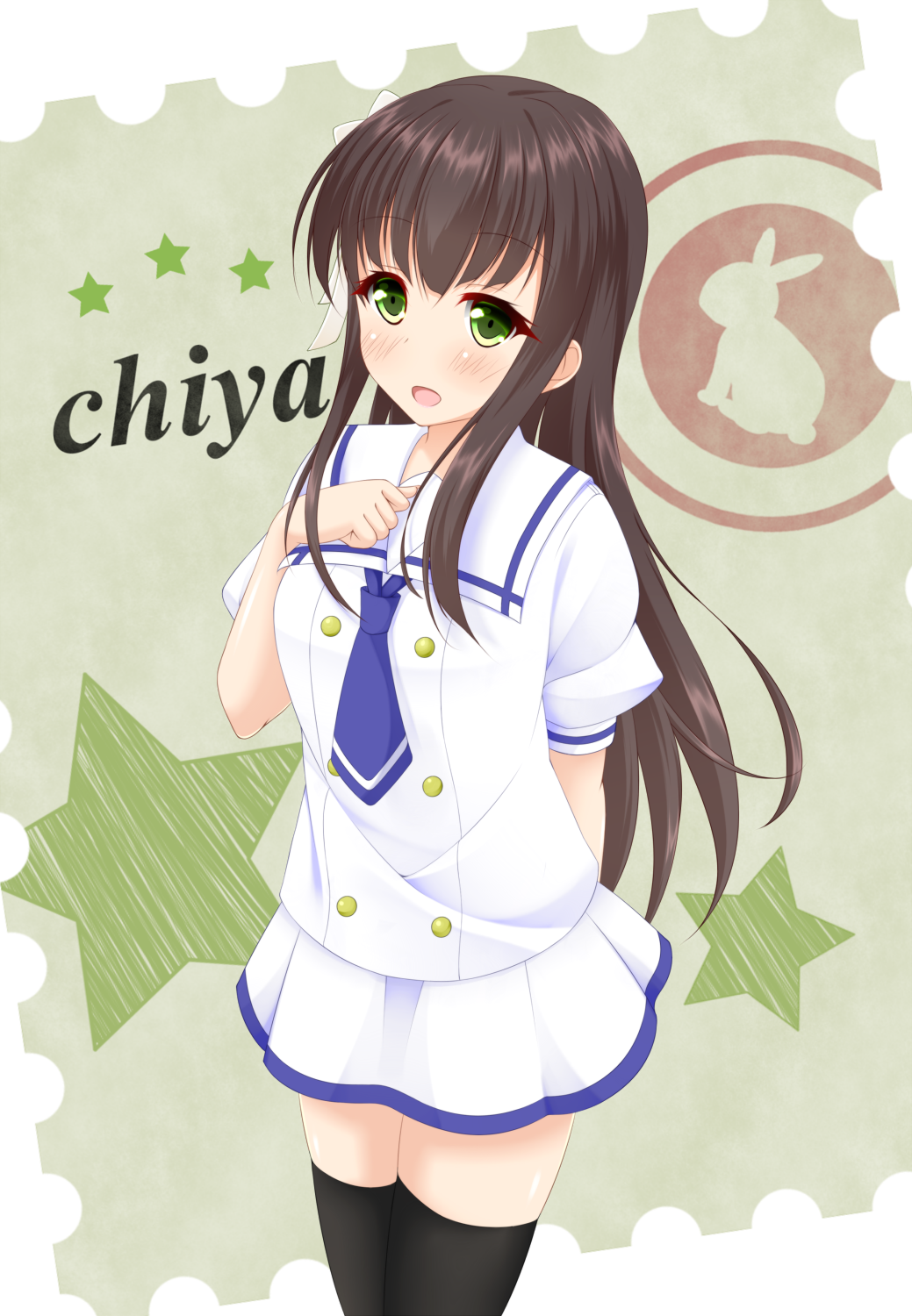 1girl, :d, bangs, black_legwear, blouse, blue_neckwear, blunt_bangs, breasts