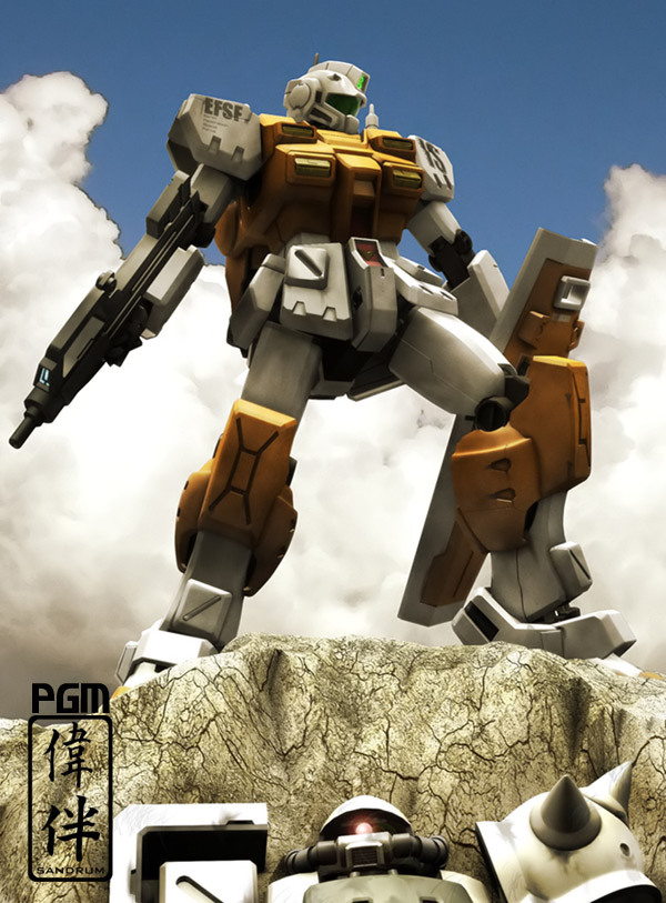 cliff, cloud, clouds, gm_(mobile_suit), gun, gundam, gundam_0083, machine_gun, mecha, no_humans, powered_gm, sandrum, shield, weapon, zaku, zaku_ii, zaku_ii_f2
