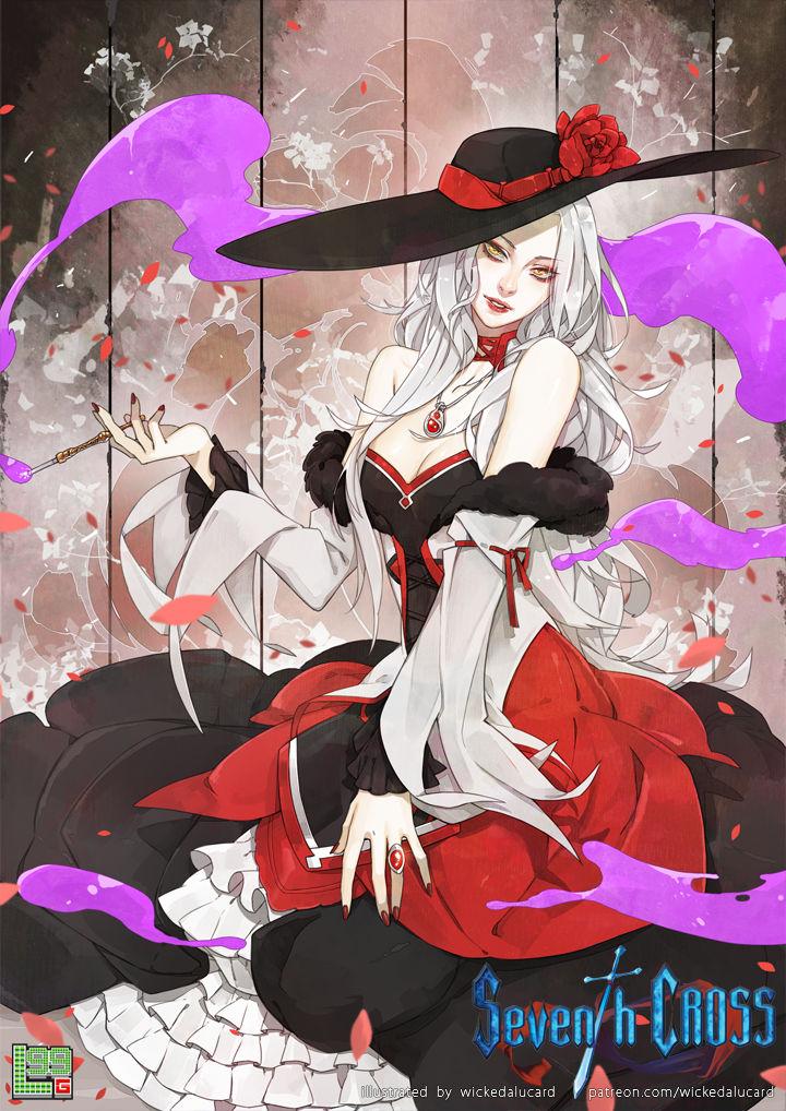 1girl, artist_name, bare_shoulders, breasts, cigarette, cigarette_holder, cleavage, copyright_name, d'janette, detached_sleeves, dress, flower, grey_hair, hat, hat_flower, ian_olympia, jewelry, lipstick, logo, long_hair, makeup, medium_breasts, nail_polish, necklace, petals, petticoat, ring, seventh_cross, smoke, smoking, solo, sun_hat, watermark, web_address, yellow_eyes