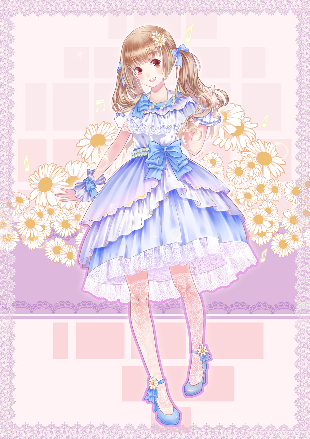 1girl, :d, blue_dress, blue_footwear, brown_hair, dress, flower, frilled_dress, frills, hair_flower, hair_ornament, high_heels, highres, layered_dress, looking_at_viewer, musical_note, musical_nover, open_mouth, red_eyes, semiquaver, shoes, smile, solo, standing, summer_worm, tian_tian_meng_wuyu, twintails, white_legwear