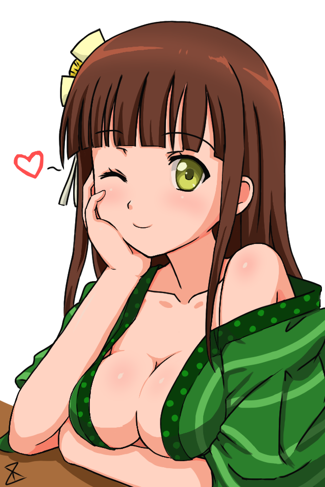 1girl, ;), bangs, blunt_bangs, blush, breast_rest, breasts, brown_hair, cleavage, closed_mouth, collarbone, commentary_request, duan_shi_jue_ming, eyebrows_visible_through_hair, flower, gochuumon_wa_usagi_desu_ka?, green_eyes, green_kimono, hair_flower, hair_ornament, hand_on_own_cheek, heart, japanese_clothes, kimono, long_hair, looking_at_viewer, medium_breasts, off_shoulder, one_eye_closed, polka_dot_trim, ribbon, short_sleeves, smile, solo, striped, striped_kimono, ujimatsu_chiya, upper_body, white_background, white_ribbon, wide_sleeves, yellow_flower