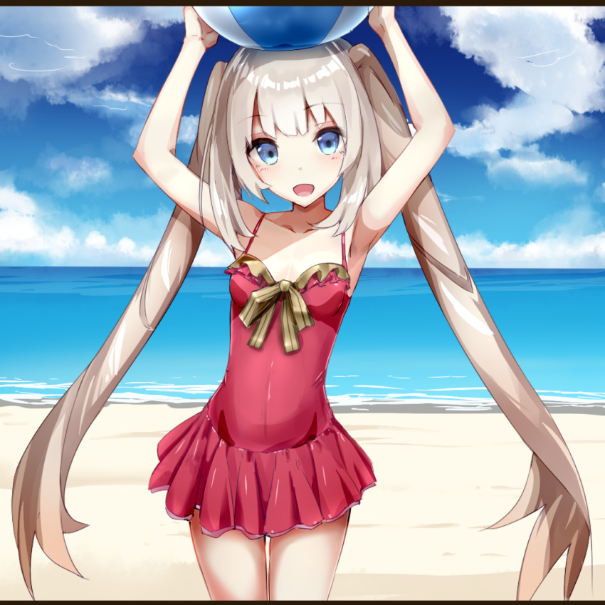 1girl, :d, armpits, arms_up, ball, beach, beachball, blue_eyes