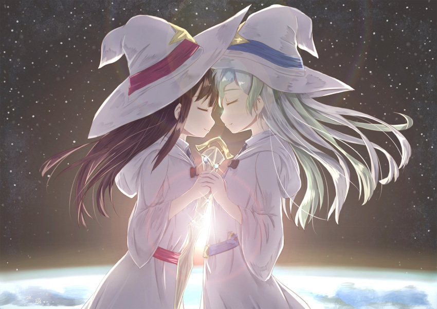 2girls, blue_ribbon, brown_hair, closed_eyes, diana_cavendish, dress, floating_hair, green_hair
