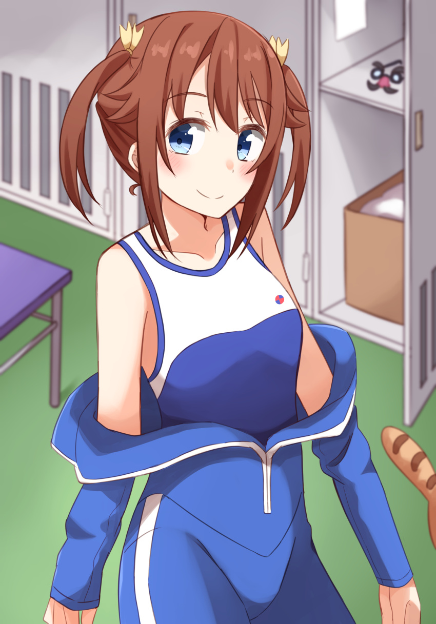 1girl, blue_bodysuit, blue_eyes, bodysuit, brown_hair, cat, cowboy_shot, flat_chest, funny_glasses, glasses, high_school_fleet, highres, isoroku_(haifuri), kapatarou, locker, misaki_akeno, one-piece_swimsuit, school_swimsuit, short_hair, smile, solo, swimsuit, swimsuit_under_clothes, twintails, unzipped, wetsuit