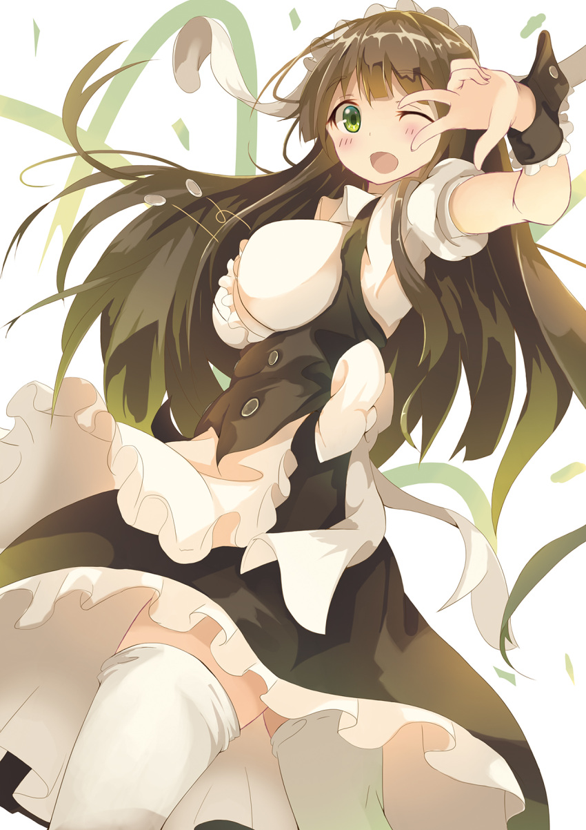 1girl, ;d, alternate_costume, animal_ears, apron, bangs, black_skirt, blunt_bangs