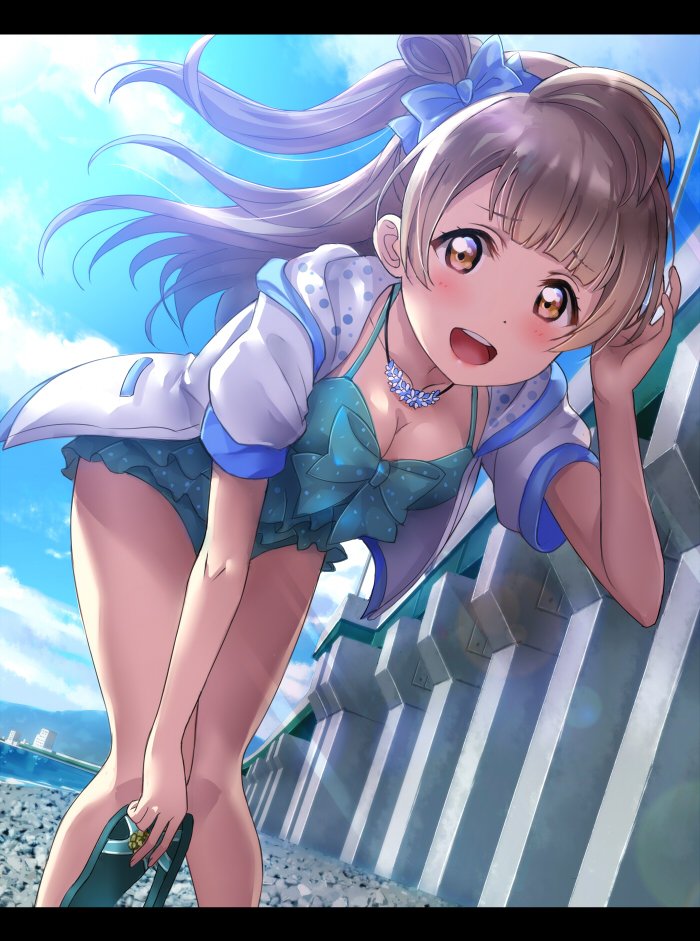 1girl, :d, arm_up, bangs, bare_legs, bent_over, blue_bow, blue_sky
