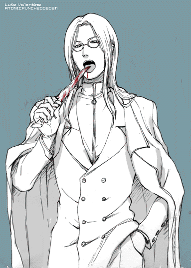 blood, formal, glasses, gloves, hellsing, knife, licking, long_hair