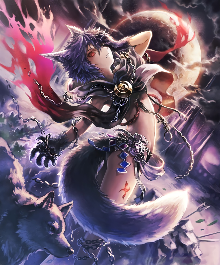 10s, 1girl, animal_ears, arrow, blue_hair, broken, broken_chain, chains, claws, clenched_teeth, cygames, fenrir_(shingeki_no_bahamut), full_moon, fur, hand_on_own_face, mayoko_(sisqo_5003), moon, official_art, paws, red_eyes, revealing_clothes, scarf, shadowverse, shingeki_no_bahamut, short_hair, tail, tattoo, teeth, torn_scarf, wolf, wolf_ears, wolf_tail