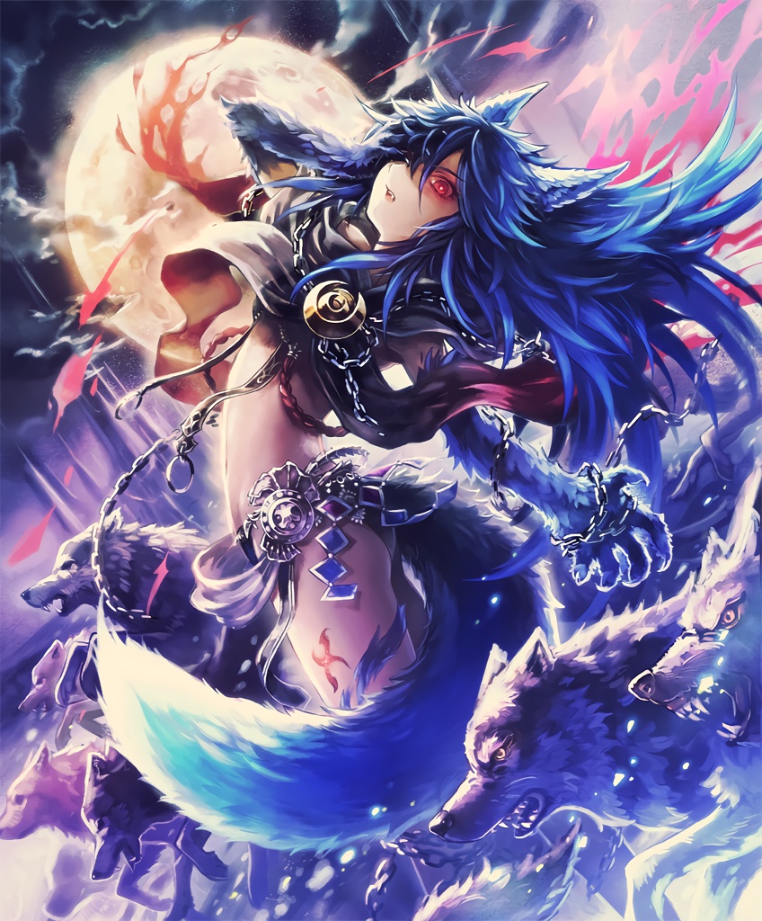 10s, 1girl, animal_ears, blue_hair, broken, broken_chain, chains, claws, cygames, dog, fenrir_(shingeki_no_bahamut), full_moon, fur, hand_on_own_face, long_hair, mayoko_(sisqo_5003), moon, official_art, pack_of_dogs, paws, red_eyes, revealing_clothes, scarf, shadowverse, shingeki_no_bahamut, tail, tattoo, torn_scarf, wolf, wolf_ears, wolf_tail