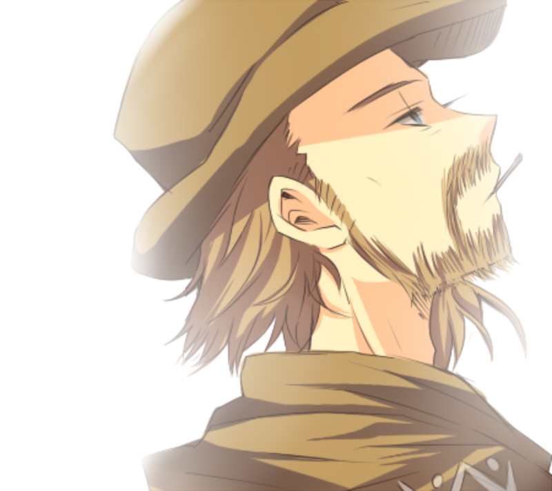 1boy, blue_eyes, brown_hair, brown_hat, engaya_soruto, facial_hair, hat, live_a_live, looking_to_the_side, looking_up, male_focus, mouth_hold, profile, solo, sundown_kid