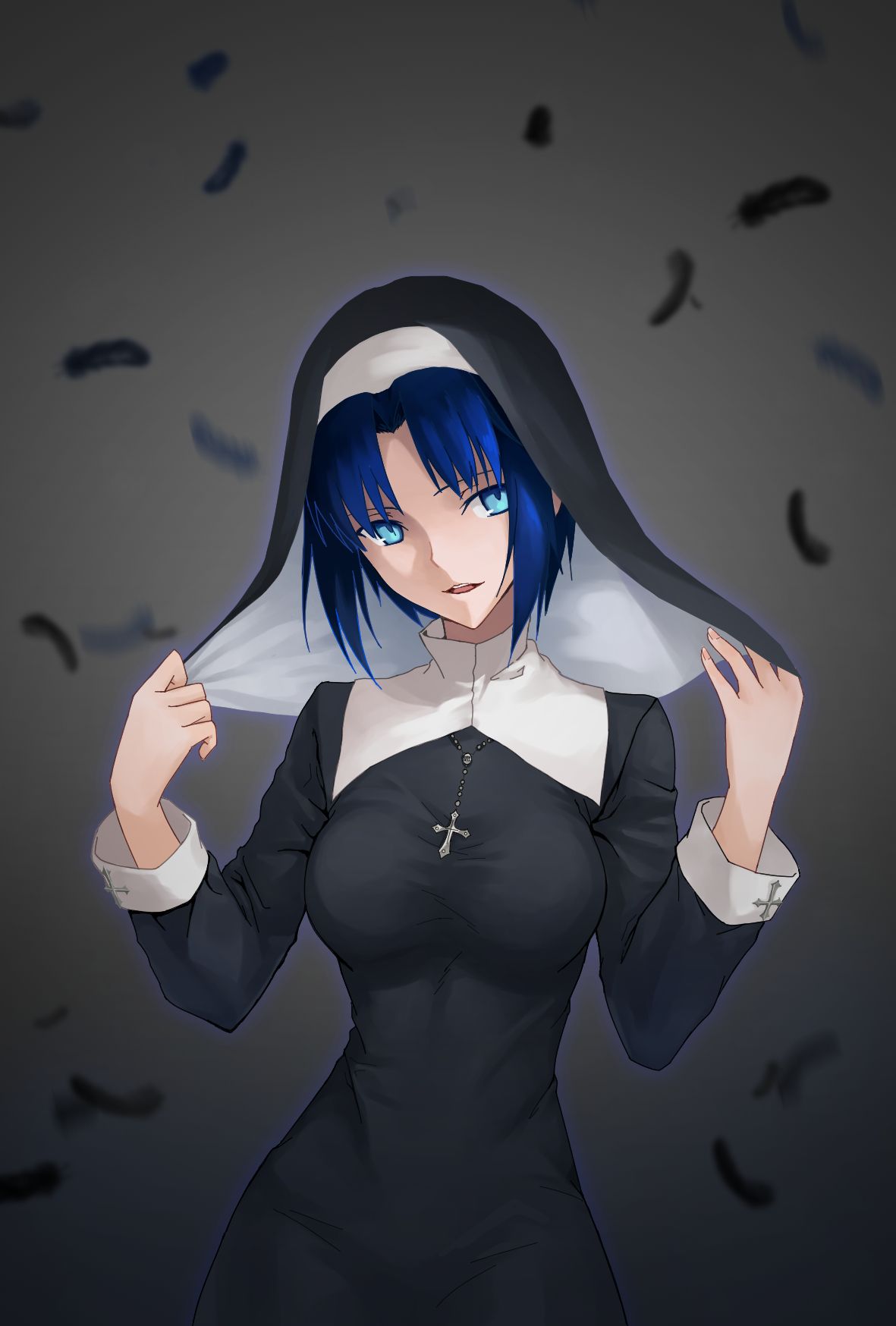 1girl, bangs, black_feathers, blue_eyes, blue_hair, breasts, ciel, cowboy_shot