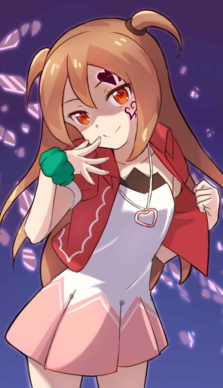 1girl, bangs, blue_background, blush, brown_hair, closed_mouth, cowboy_shot, cropped_jacket